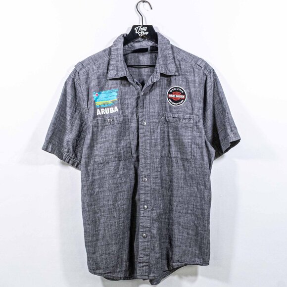 Harley Davidson Motorcycles Aruba Mechanic Short Sleeve Button Shirt Large Y2K - Picture 1 of 9